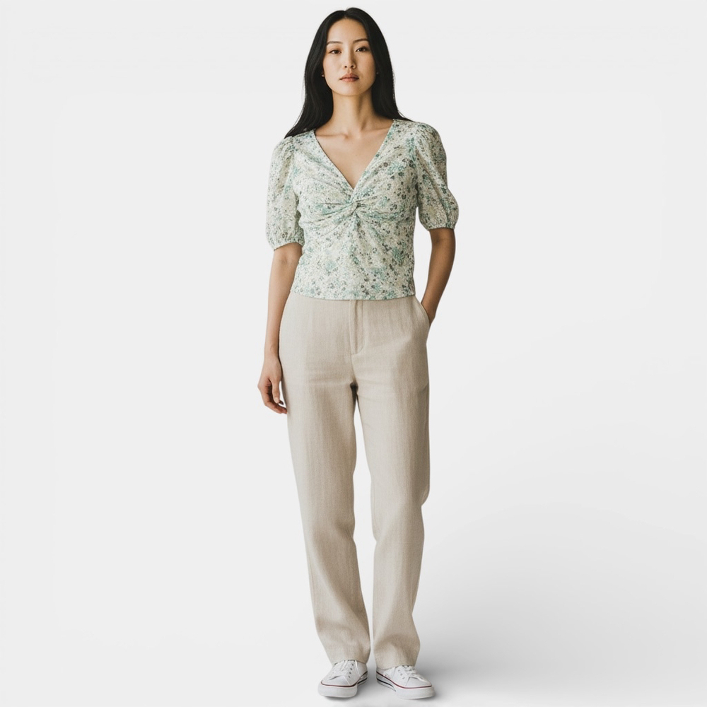 Floral Mint Green Eyelet V-neckline Puffsleeves Sheer Women Blouse Top Small